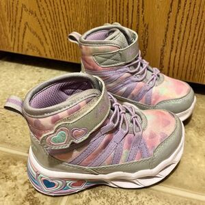Skechers Toddler Girls Purple Multi Heart Lights High Top Sneaker Sz-7